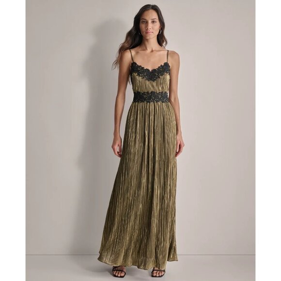 Dkny Dresses & Skirts - DKNY Women's Pleated Metallic Lace-Trim Sleeveless Gown Gold Size 14